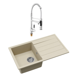 76x44 cm évier avec égouttoir réversible en granite à encastrer + mitigeur bras pivotant 2 jets, jasmin (SATSINKGE3J-SET2)