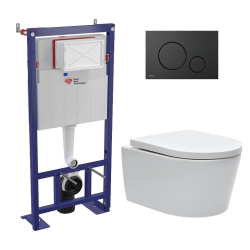 Pack WC bâti-autoportant + WC SAT sans bride fixations invisibles + Abattant softclose + Plaque blanche (SMART-SATrimless-9)