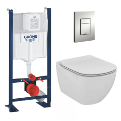 Grohe Pack WC Bâti Autoportant Rapid SL + WC sans bride Tesi + Abattant softclose + Plaque chrome (ProjectTesi-5)