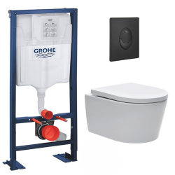 Grohe Pack WC bâti-autoportant Rapid SL + WC sans bride SAT, fixations invisibles + Abattant softclose + Plaque Noire mat