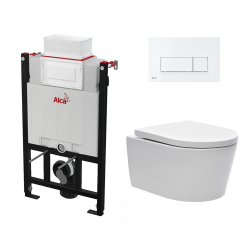 Pack Bâti 85cm + Cuvette sans bride et fixations invisibles avec abattant frein de chute + Plaque blanche (Alca85SatRimless-4)