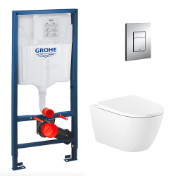 Pack WC Bâti-support Rapid SL + Cuvette suspendue Cersanit S-line + Abattant classique + Plaque Chrome (GROHE-S-LinePro-1)