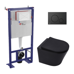 Swiss Aqua Technologies Pack WC bâti-autoportant + WC Infinitio noir mat sans bride + Abattant softclose + Plaque noire mat (SMART-BlackInfinitio-2)
