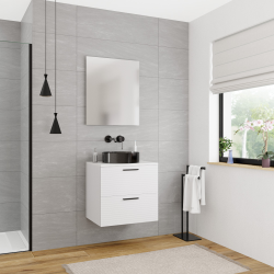 Set complet 60 cm : plan vasque blanc mat + meuble assemblé certifié FSC, blanc cassé (CERAMIA-4OW60-S)