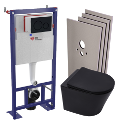 Pack WC bâti-autoportant + WC Infinitio noir mat sans bride + Abattant + Plaque + Set d'habillage (SMART-BlackInfinitio-2-sabo)