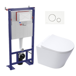 Pack WC bâti-autoportant + WC SAT sans bride fixations invisibles + Abattant softclose + Plaque blanche (SMART-SATrimless-9)