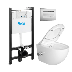 Pack Bâti-support Roca Active + WC sans bride et fixations invisibles + plaque chrome mat (RocaActiveSATrimless-2)