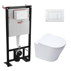 Pack WC Bâti-support autoportant + Cuvette sans bride + Abattant frein de chute + Plaque Blanche (AlcaInfinitioMat-M270)