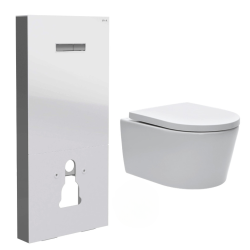 Pack WC Bâti support en verre trempé/aluminium brossé avec plaque intégrée, Blanc + WC sans bride SAT + Abattant softclose
