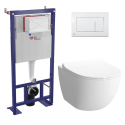 Pack WC bâti-autoportant + WC SAT infinitio sans bride fixations invisibles + Abattant softclose + Plaque blanche