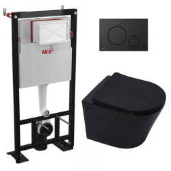 Pack WC Bâti autoportant + WC sans bride Alfa avec fixations invisibles noir mat + Abattant softclose + Plaque Noire mat