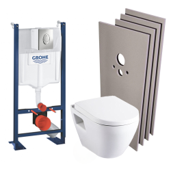 Grohe Pack WC Bâti autoportant + Cuvette Serel SM26 sans bride + Plaque chrome + Set habillage (ProjectSM26-2-sabo)