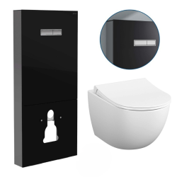 Pack WC Bâti support en verre trempé/aluminium brossé avec plaque intégrée, noir + WC sans bride SAT + Abattant softclose