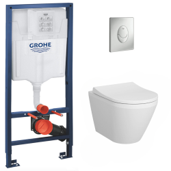 Pack WC Bâti-support Rapid SL + Cuvette suspendue Cersanit S-line + Abattant classique + Plaque Chrome (GROHE-S-LinePro-1)