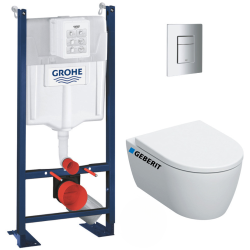 Grohe Pack WC Bâti-support Rapid SL autoportant + WC sans bride Geberit, fixations invisibles + abattant softclose + Plaque Chrome