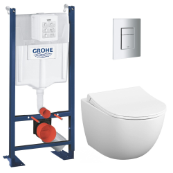 Grohe Pack Bâti-autoportant Rapid SL + WC sans bride Vitra Sento + Abattant softclose + Plaque chrome mat (ProjectSmoothSento-5)