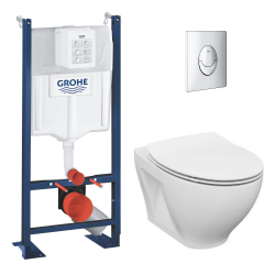 Grohe Pack WC Bâti autoportant Rapid SL + WC sans bride Cersanit + Abattant softclose + Plaque chrome (ProjectDormo-2)
