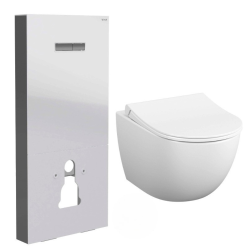 Pack WC Bâti support en verre trempé/aluminium brossé avec plaque intégrée, Blanc + WC sans bride SAT + Abattant softclose