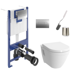 Pack WC bâti-support Villeroy & Boch + WC avec bride abattant Softclose Vitra + plaque chrome + brosse (VCNS50-2FL1CH)