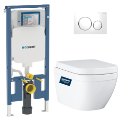Pack WC Bâti-support Geberit Duofix + WC sans bride Grohe Euro Ceramic + Abattant + Plaque blanche (EUROCTGEB3)