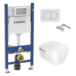 Geberit Pack WC Bati-support Geberit Duofix + Cuvette sans bride Havana Idevit + Abattant frein de chute + Plaque Blanche (HavanaGeb3)