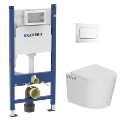 Pack WC Bâti Duofix + Cuvette suspendue Vitra S50 avec bride + Abattant soft close + Plaque blanche (S50Geb3)