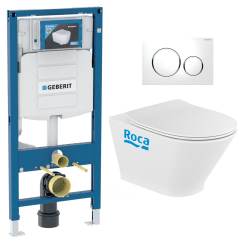 Geberit Pack WC Bati-support Geberit avec Cuvette Roca The Gap fixations invisibles + Abattant  + Plaque blanc chrome (GebGapRimless-C)