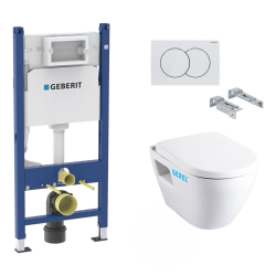 Geberit Pack WC Bati-support Geberit Duofix + Cuvette Serel SM10 avec bride + Abattant soft close + Plaque blanche (SM10Geb3)