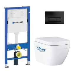 Pack WC Bâti-support Geberit Duofix + WC sans bride Grohe Euro Ceramic + Abattant + Plaque blanche (EUROCTGEB3)