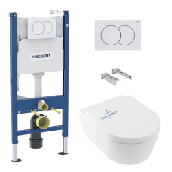 Geberit Pack WC Bâti support + WC Villeroy & Boch Arceauslim sans bride + abattant SoftClose + Plaque Blanche (ArceauSlimGeb3)