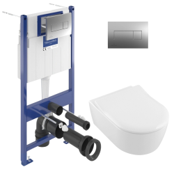 Geberit Pack WC Bâti support + WC Villeroy & Boch Arceauslim sans bride + abattant SoftClose + Plaque Blanche (ArceauSlimGeb3)