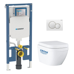 Pack WC Bâti-support Geberit Duofix + WC sans bride Grohe Euro Ceramic + Abattant + Plaque blanche (EUROCTGEB3)
