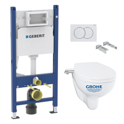 Geberit Pack WC Bati-support Geberit Duofix + WC Grohe Bau Ceramic + Abattant lavant + Plaque blanche