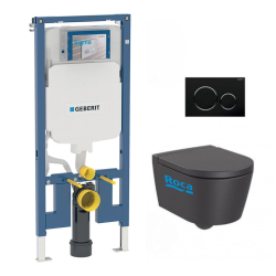 Geberit Pack WC Bati-support Geberit UP720 extra-plat + WC Roca Inspira onyx compacte sans bride + Abattant + Plaque noire chrome