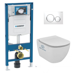 Pack WC Bâti-support Geberit Duofix + WC sans bride Grohe Euro Ceramic + Abattant + Plaque blanche (EUROCTGEB3)