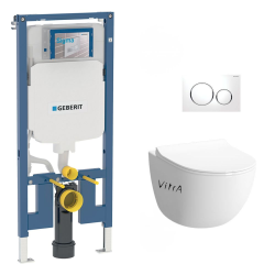 Geberit Pack WC Bâti-support extra-plat + WC Sento sans bride + Abattant softclose + Plaque blanche  (SLIM-Sentorimless-C)