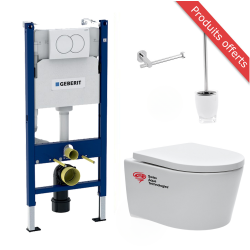 Geberit Pack WC Complet Bati-support Geberit + WC Swiss Aqua Technologies sans bride + abattant declipsable + Set d'accessoires OFFERT
