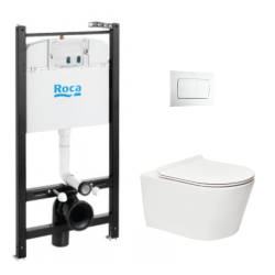 Swiss Aqua Technologies Pack Bâti-support Roca Active + WC sans bride SAT Brevis + Abattant slim, softclose + Plaque Blanche