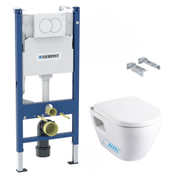 Geberit Pack WC Bati-support Geberit + Cuvette Serel SM26 sans bride + Abattant soft close + Plaque blanche (SM26Geb3)