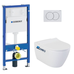 Geberit Pack WC Bati-support Geberit UP100 + WC sans bride Livea Bello + Abattant softclose + Plaque Blanc alpin ( Livea BelloGeb1)
