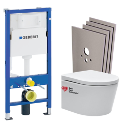 Pack WC bâti-support + WC Swiss Aqua Technologies sans bride + plaque blanche + Set habillage (HSATrimlessGeb1)