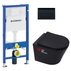 Geberit Pack WC Bati-support Geberit + WC sans bride Swiss Aqua Technologies + Abattant frein de chute + plaque Delta 50 noire mat