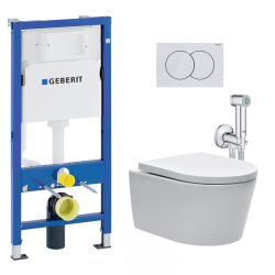 Pack WC Bâti-support Duofix + WC sans bride SAT, fixations invisibles + Abattant softclose + Douchette de bidet + Plaque blanche