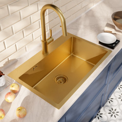 Timeless 68x45x21 cm évier encastrable en inox 304 + mitigeur inox avec douchette extractible, or brossé (TMLKST-6845BG-M2)