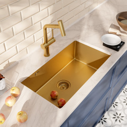 Timeless 68x45x21 cm évier sous plan en inox 304 +  mitigeur inox avec douchette extractible, or brossé (TMLKSU-6845BG-M1)