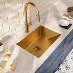 Timeless 55x45x21 cm évier sous plan en inox 304 + mitigeur inox avec douchette extractible, or brossé (TMLKSU-5545BG-M2)