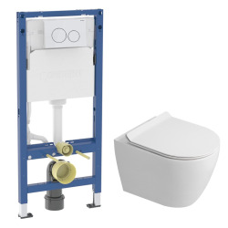 Duofix Pack WC bâti-support 112 cm + WC suspendu sans bride Ceramia avec abattant SoftClose + plaque blanche (GEBCEPXWT02-FR)