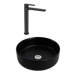 PixL 36x36x13,5 cm vasque à poser + Swiss Aqua Technologies Mood mitigeur lavabo XL + Ceramia bonde (CEPX36BKMSAT285C)