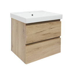 B-Way 59x50x45 cm meuble de salle de bain suspendu 2 tiroirs avec lavabo en céramique, chêne mat (BWAY260OAKUU1)