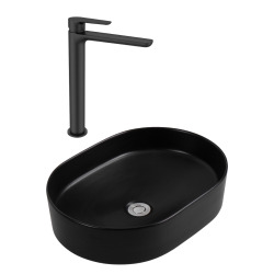 PixL 50x36,5x13,5 cm vasque à poser + Swiss Aqua Technologies Mood mitigeur lavabo XL + Ceramia PixL bonde (CEPX50BKMSAT285C)